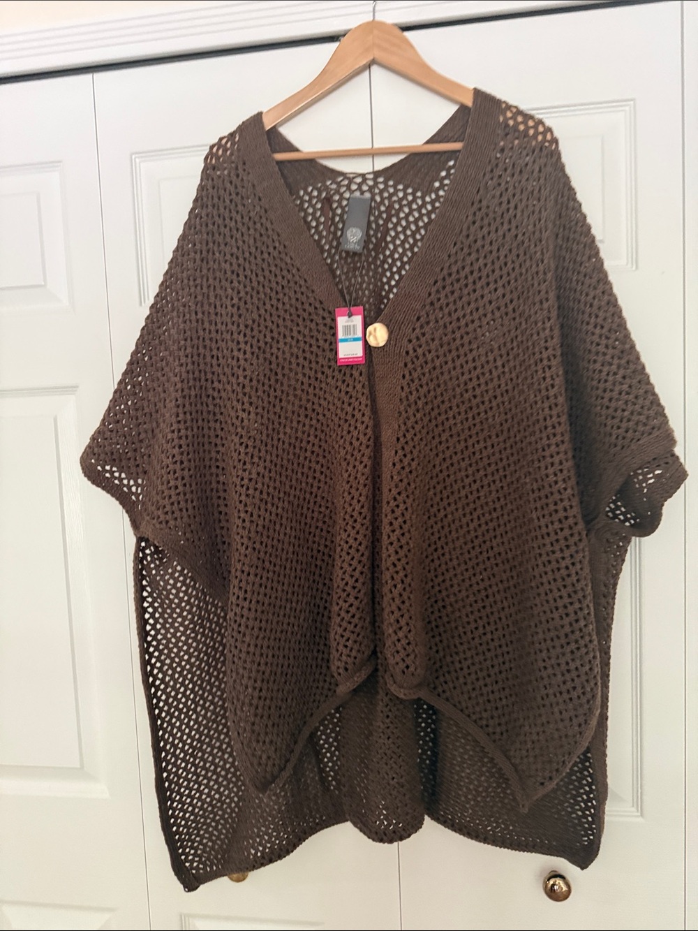 Vince Camuto Brown Open-Weave V-Neck Poncho Cardigan.. o/s..nwt..gold button